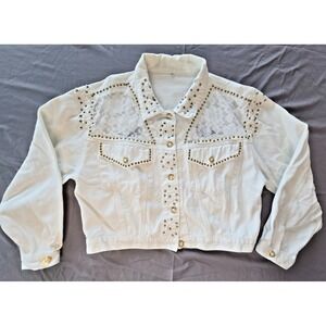 White Denim Jacket Gold Studded Lace Retro 90s Festival Whimsy Rock Romance